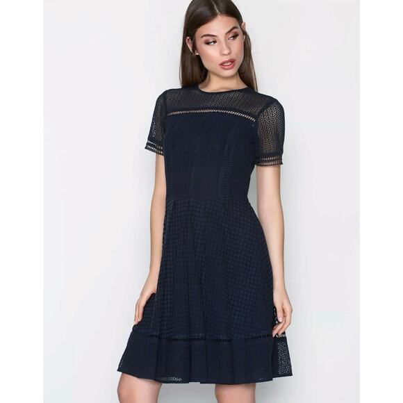 Michael Kors Navy Blue Cotton Knee Length Eyelet Lace Dress Women’s Small - Picture 1 of 10
